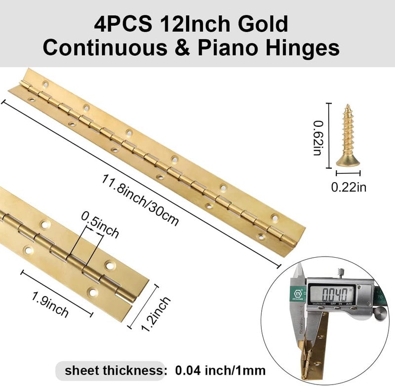 FVSEC 12 Inch Gold Stainless Steel Piano Hinges, 4 Pcs Continuous & Piano Hinge with Holes, Heavy Duty Piano Hinge 0.04" Leaf Thickness, 1.2'' Open Width for Furniture Cabinet Door Wooden Box Woodworking - Image 2